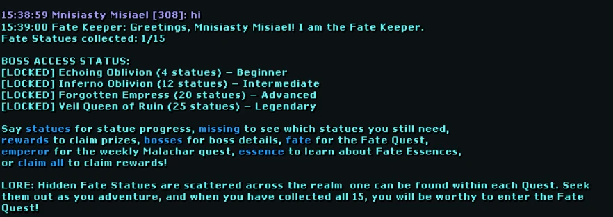 Greeting the Fate Keeper: your statue count and his keywords.