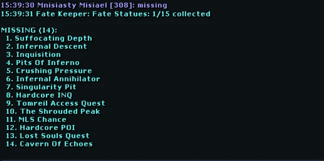 Say missing to get the list of statues you still need.