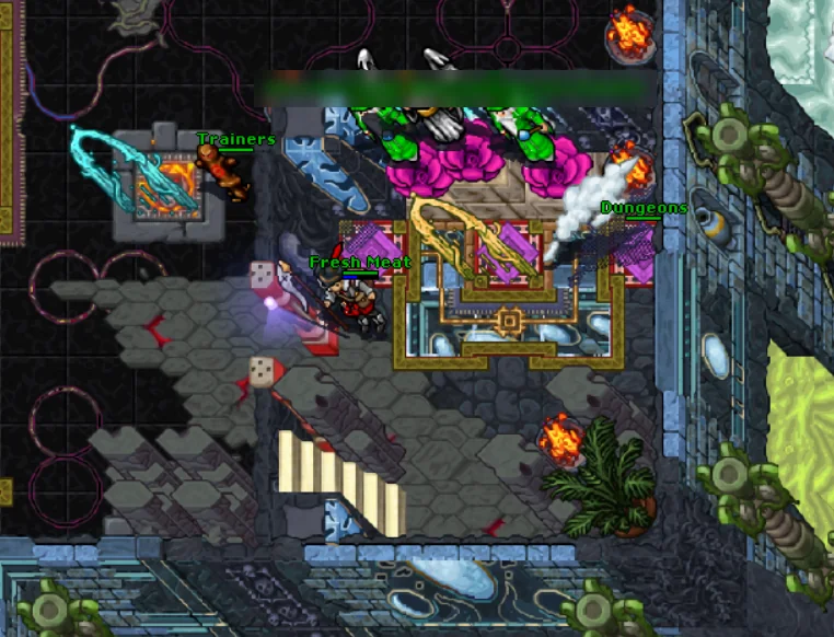 Trainers on the left, the golden Dungeons gate on the right.