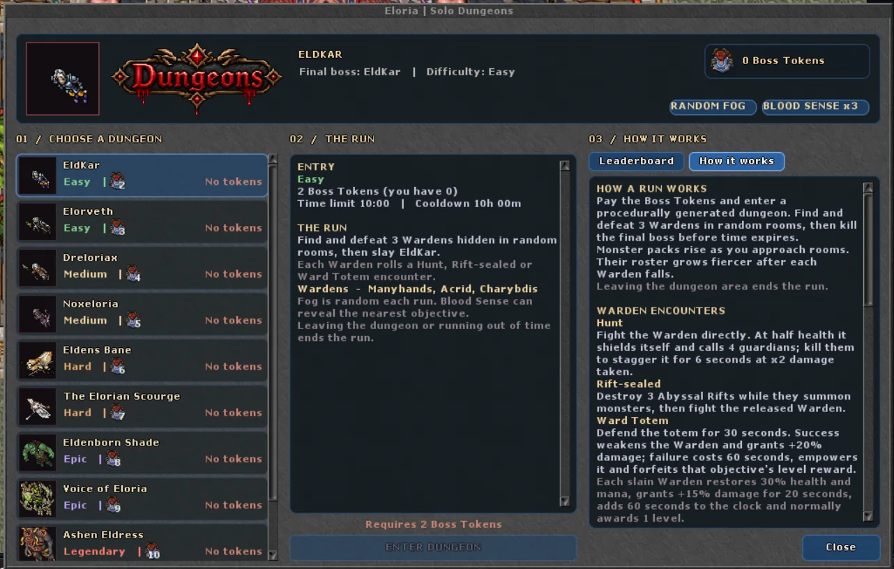 The Solo Dungeons window.