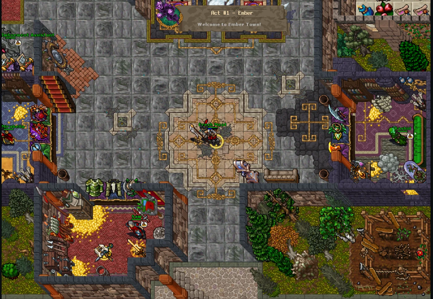 Ember town square with Rashid, Mirabella and Sam.