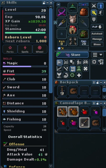 The Skills panel with the Perks, Spells and Wheel buttons.
