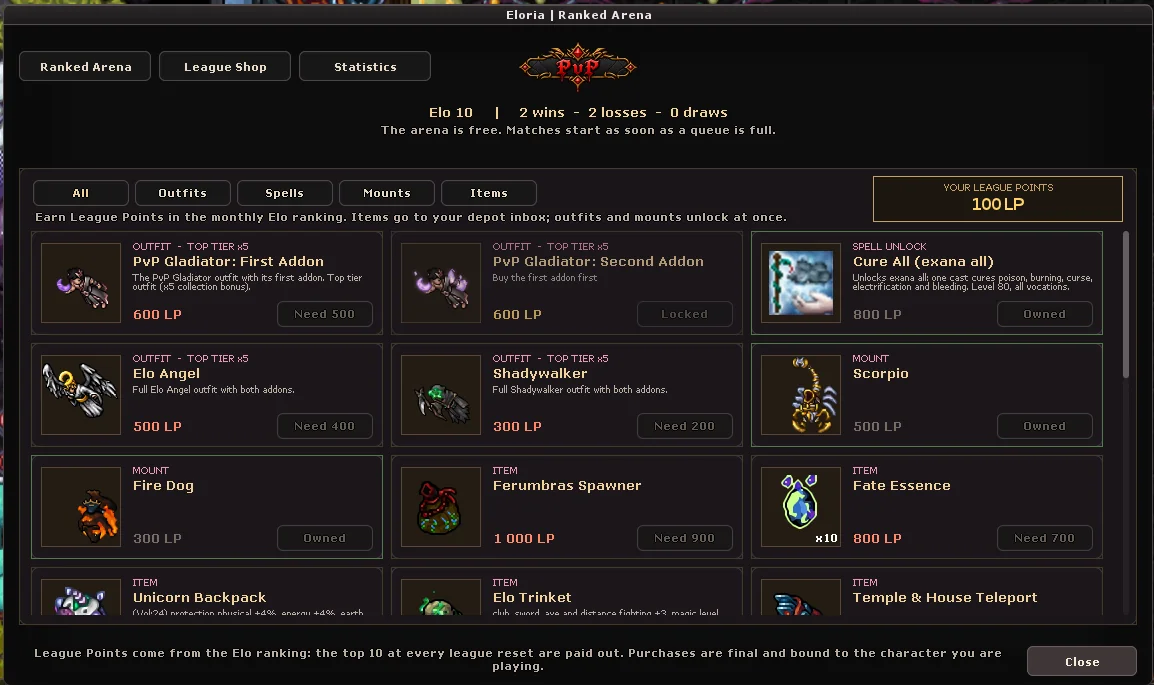 The League Shop tab with outfits, spells, mounts and items